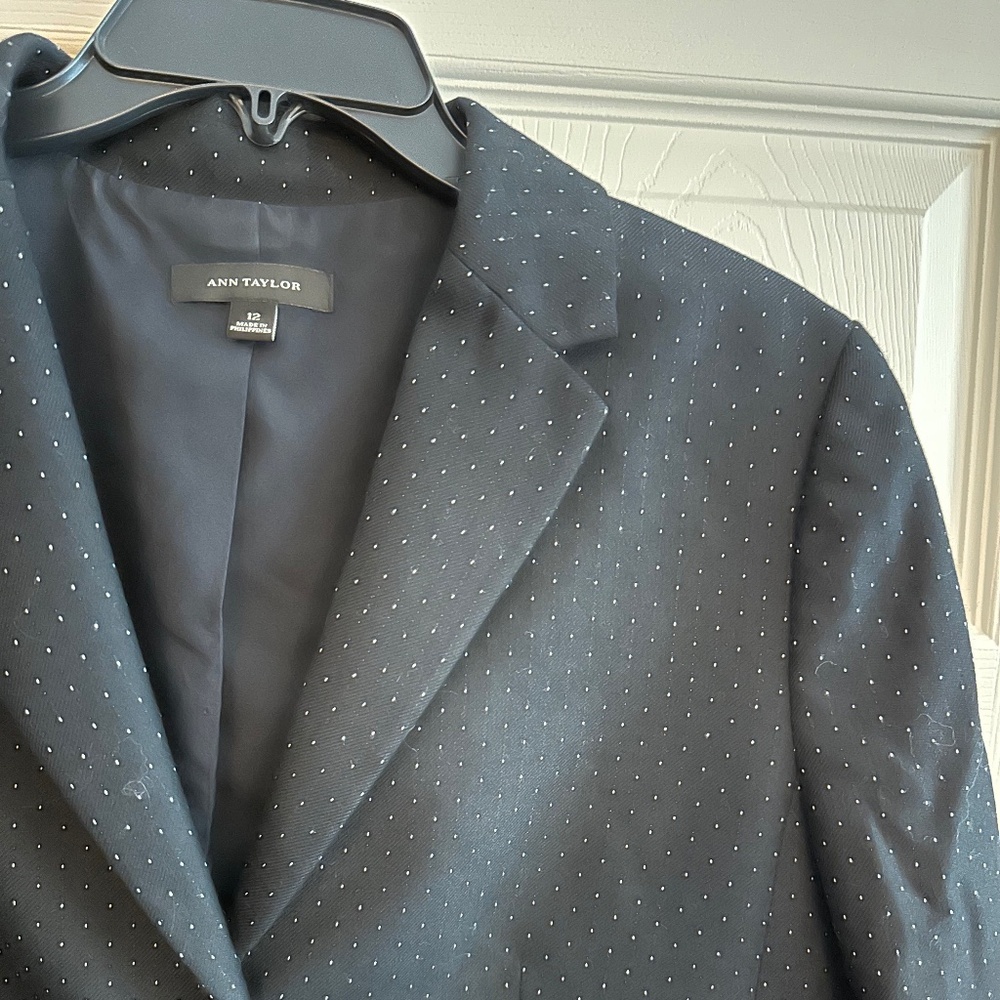 Ann Taylor 2-Button Wool Blend Navy Blue Blazer with White Dots, Women 12